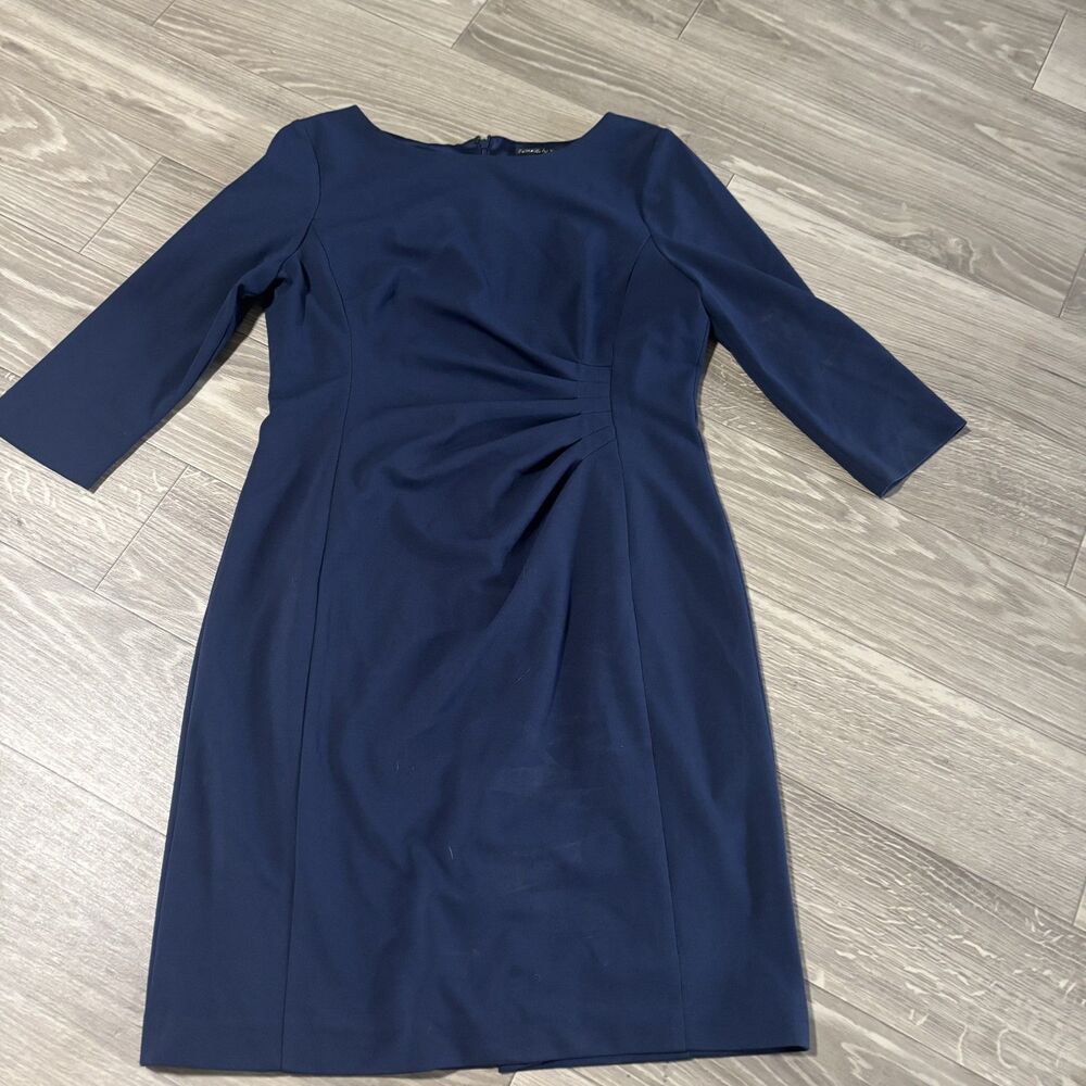 Preston & York Navy Blue Side Gathered 3/4 Sleeve Ruched Sheath Dress Size 14